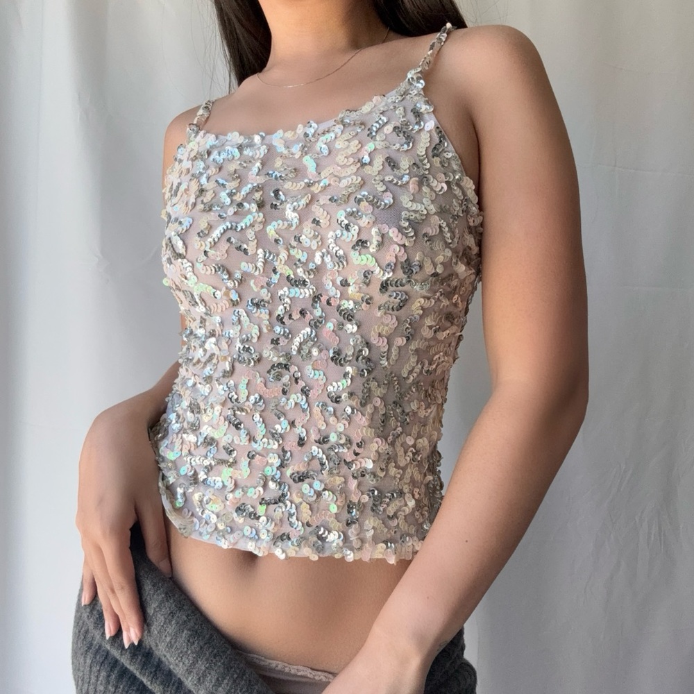 Vintage Tell Silver Pink Sequin Crop Top
